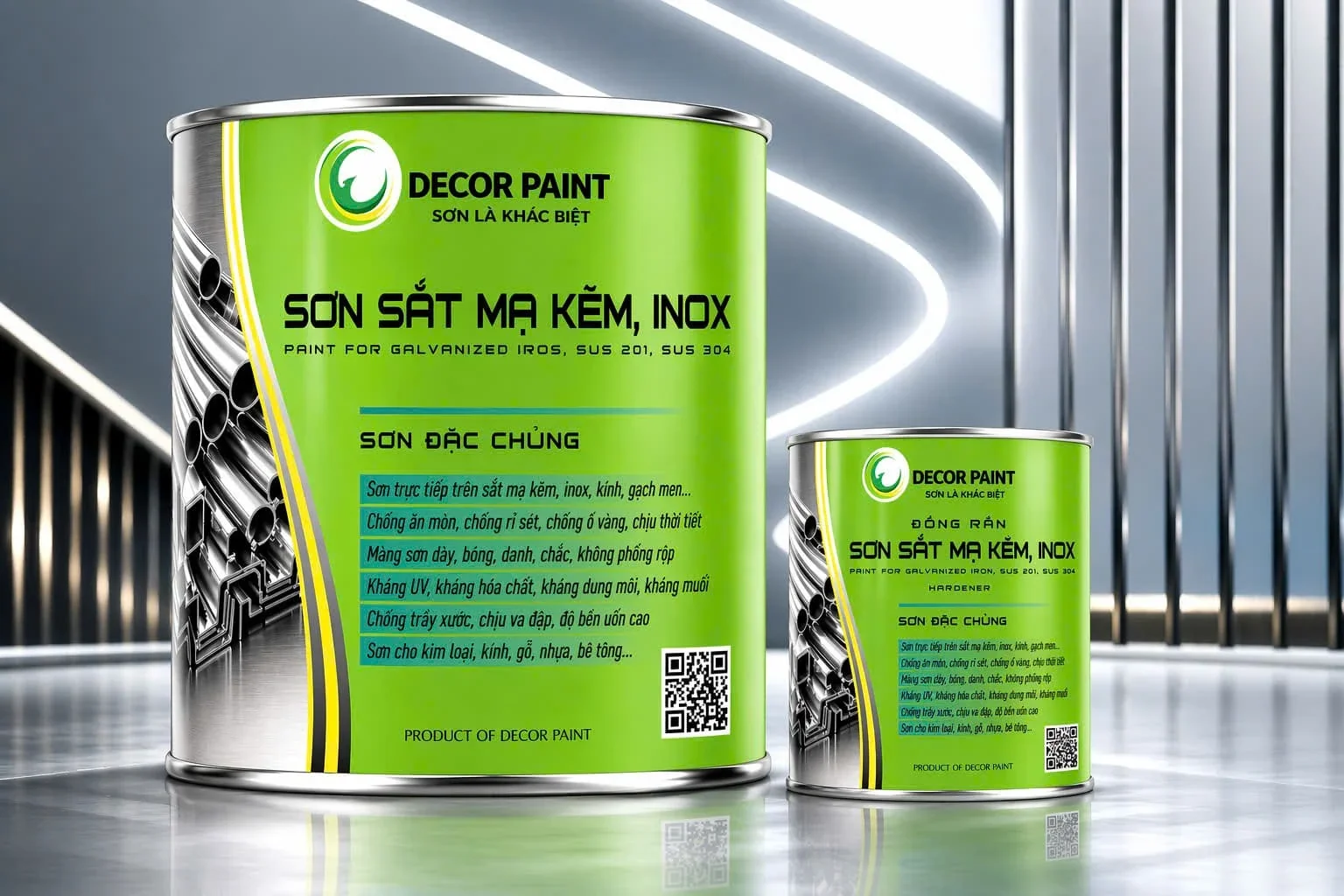 Lon sơn và lon đóng rắn của dòng sơn đặc chủng cho sắt mạ kẽm và inox, ảnh bao bì gốc của nhà sản xuất