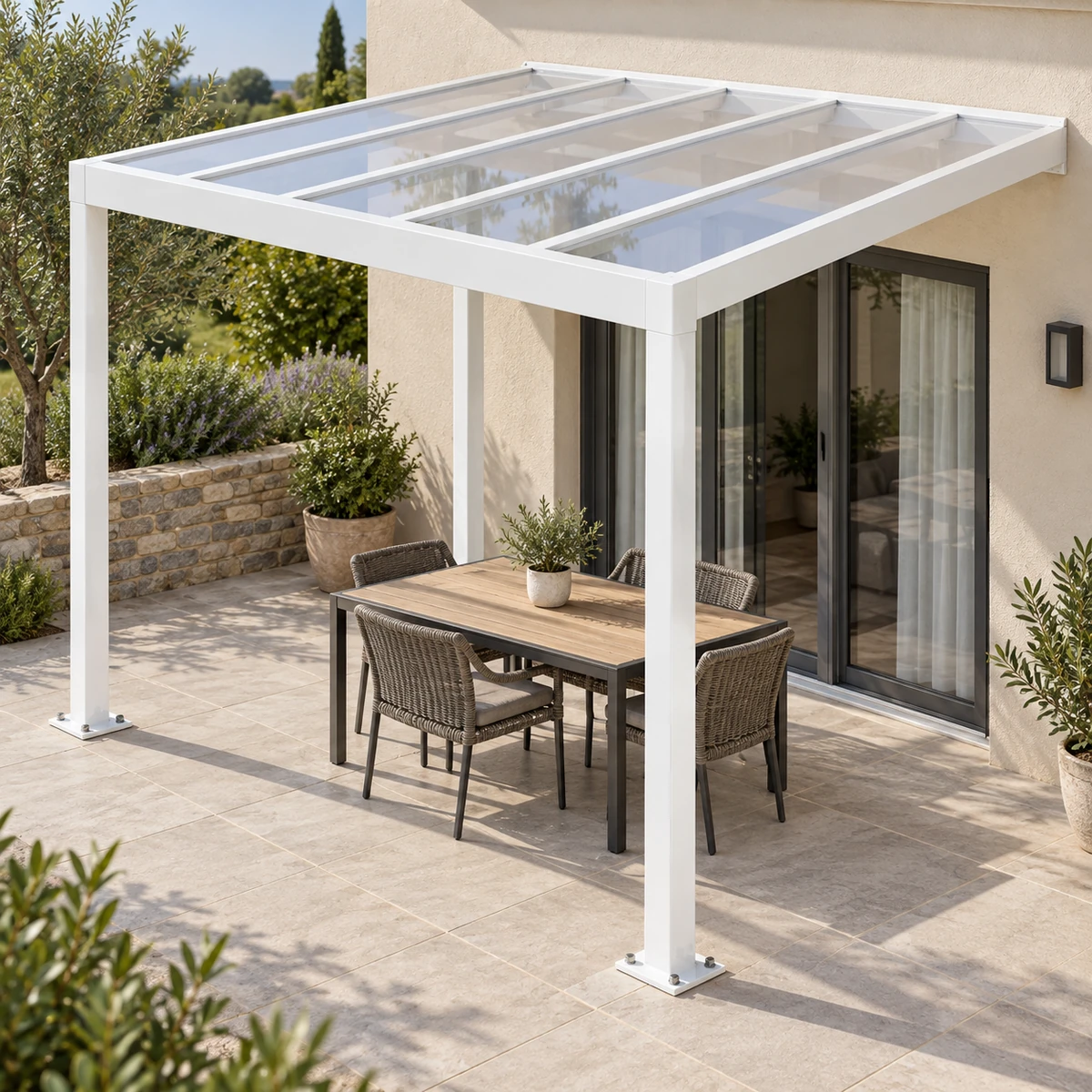 Giàn pergola nhôm thông thường màu trắng bóng trên sân biệt thự