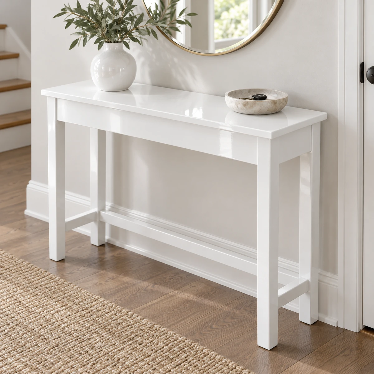 Ảnh thiết kế bàn console gỗ phủ trắng bóng