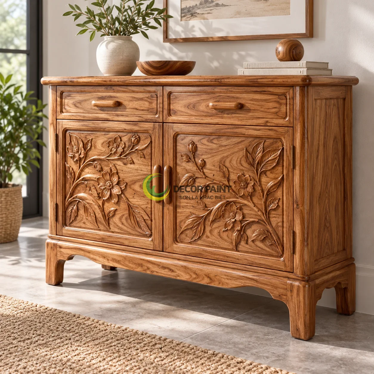 Ảnh minh họa tủ trang trí gỗ chạm khắc phủ trong