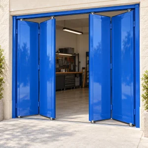 Ảnh thiết kế cửa sắt gấp bốn cánh cho xưởng nhỏ phủ màu xanh dương bóng