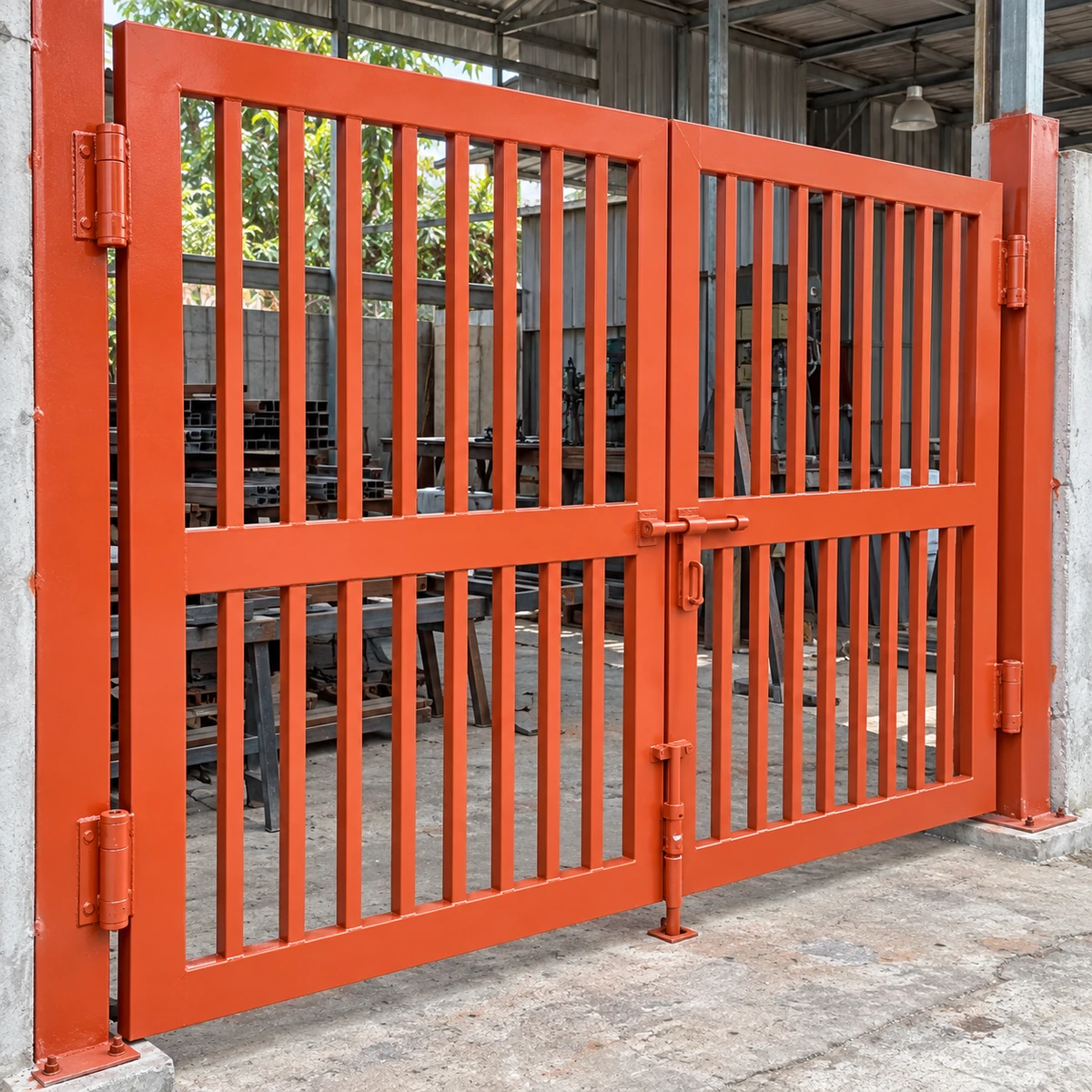Minh hoạ khung cổng thép phủ lớp chống rỉ đặc chủng màu đỏ oxit tại xưởng