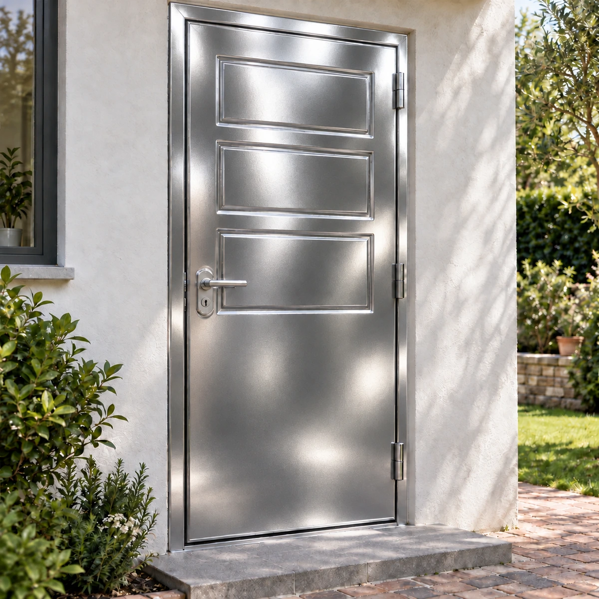 Minh họa cửa phụ nhà ở phủ sơn chrome bạc ghi với độ bóng mềm và hạt kim loại mịn