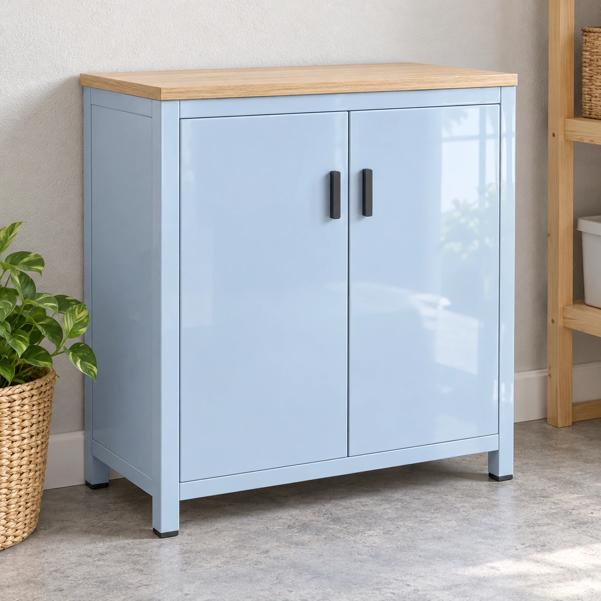 Minh họa tủ PVC ghi nhạt bóng trong không gian khô