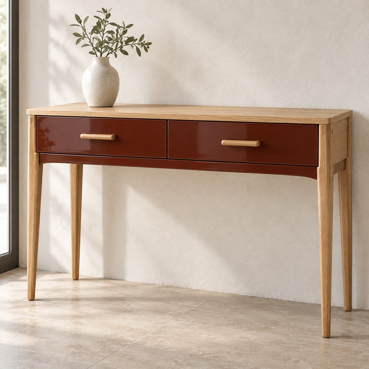 Minh họa bàn console gỗ tự nhiên màu mận chín bóng với ngăn kéo và chân gỗ