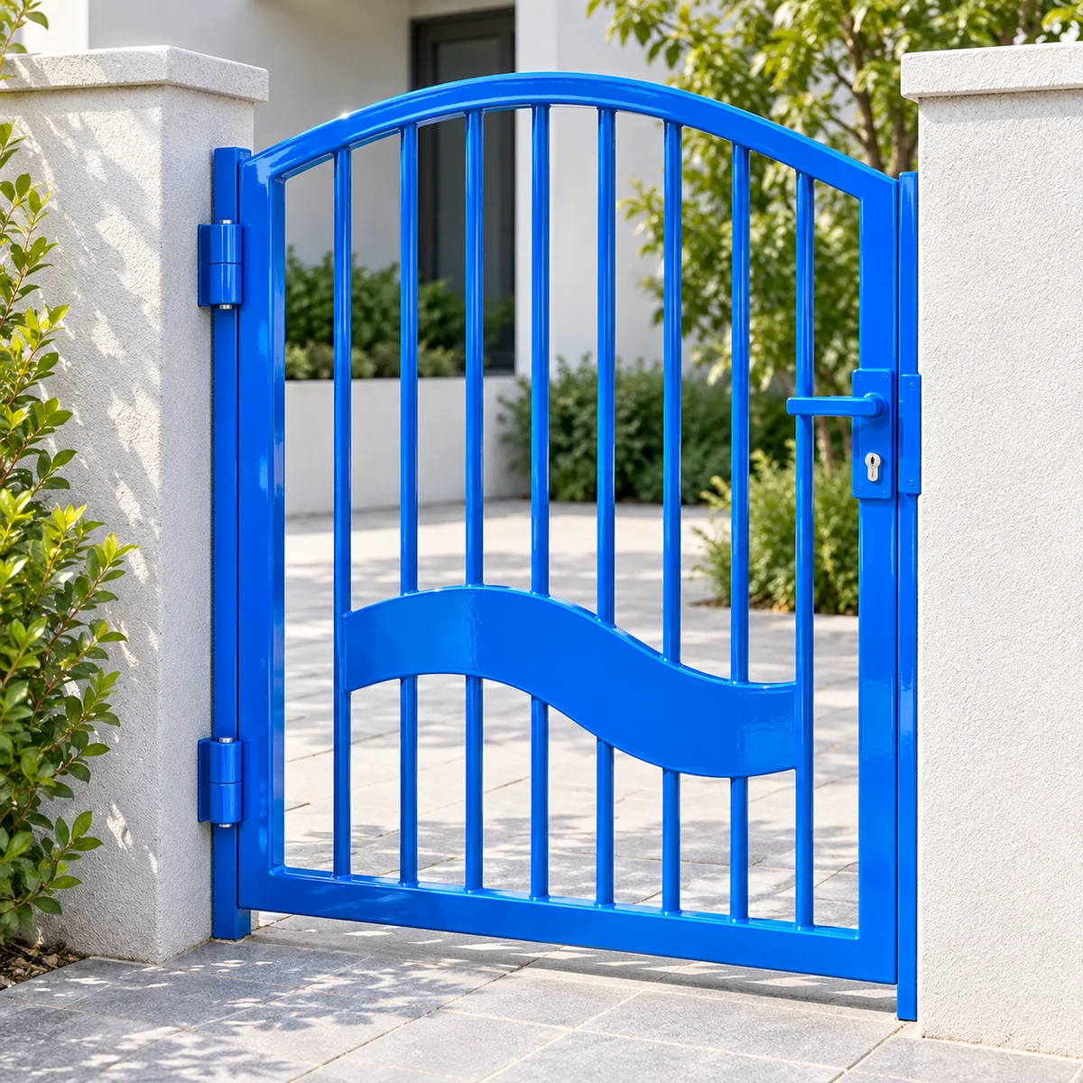 Minh họa cổng thép xanh dương bóng ở sân biệt thự tham chiếu mẫu 008 bóng