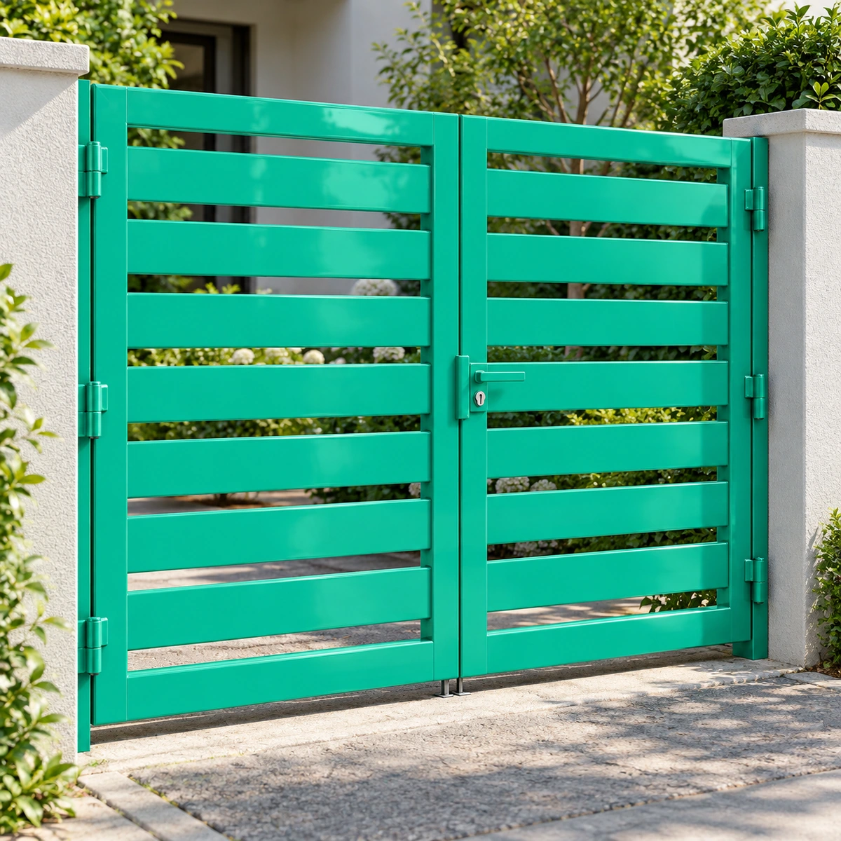 Hình thiết kế cổng thép thanh hộp màu xanh ngọc lam