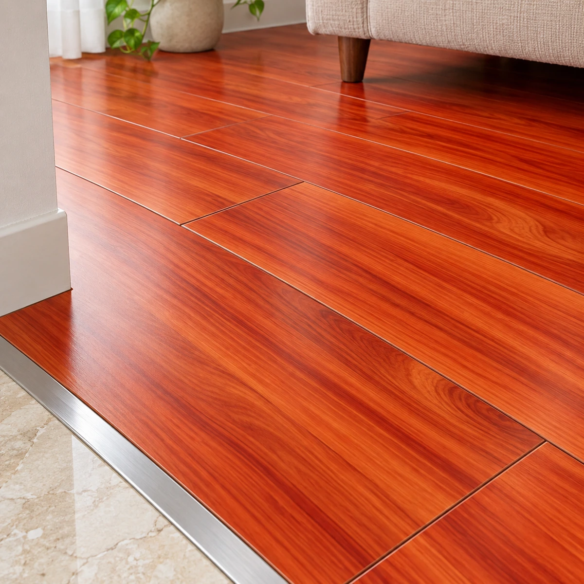 Minh họa cận khe ghép và nẹp chuyển tiếp của sàn nhựa vân cánh gián