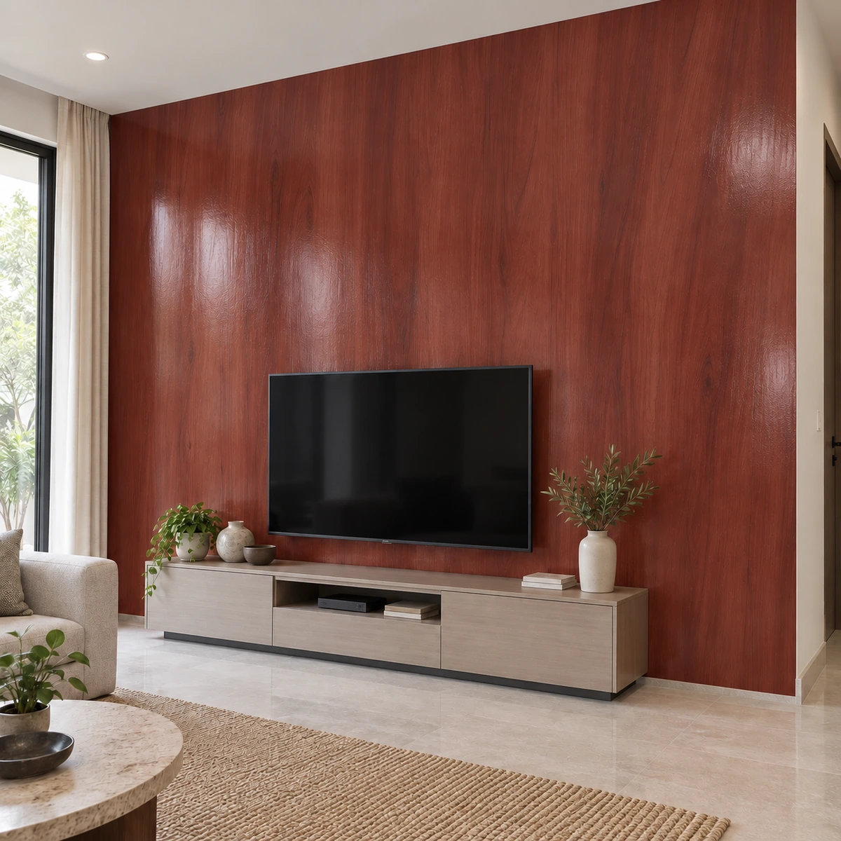 Minh họa tường phòng khách phủ vân cánh gián