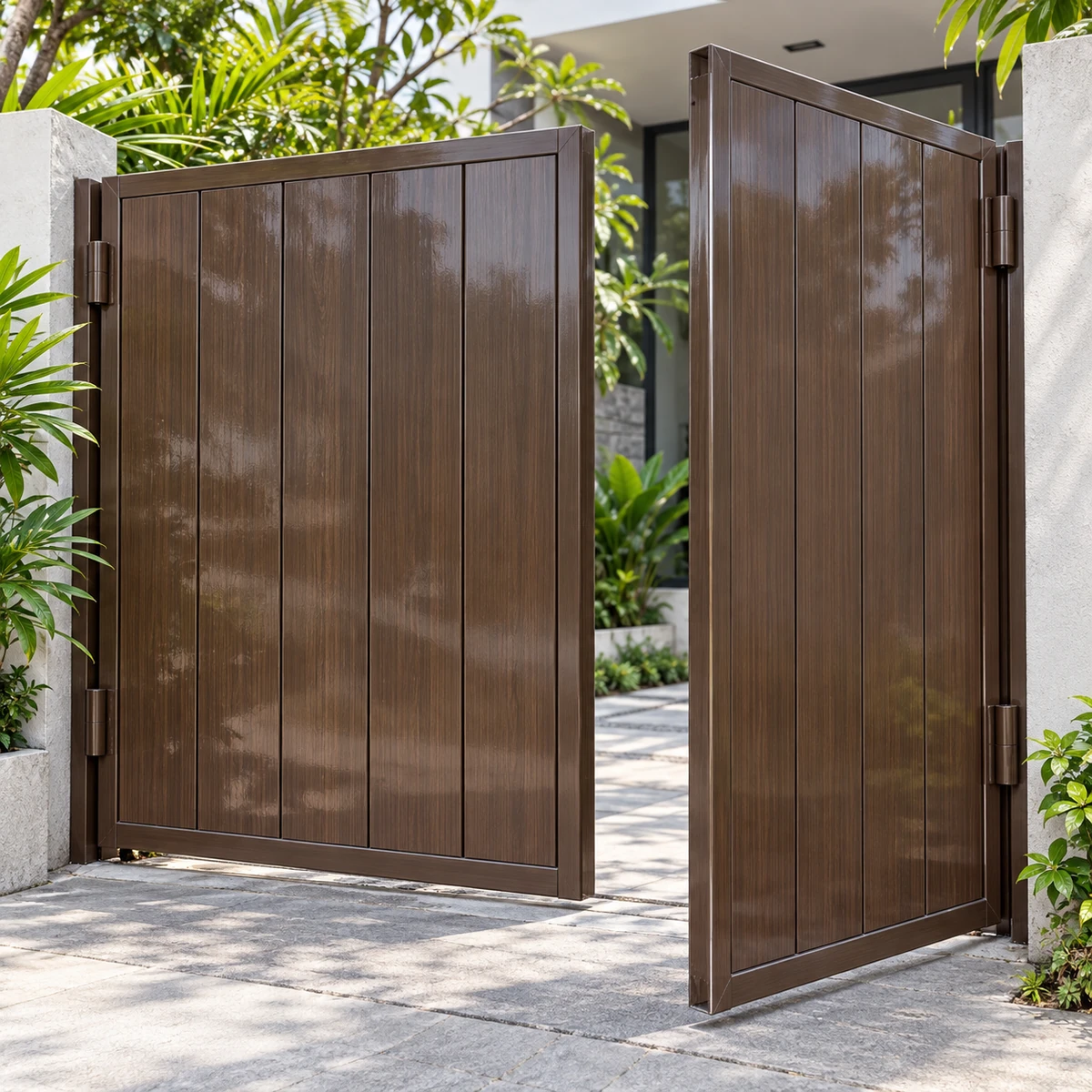Minh họa cửa sắt hai cánh sơn giả vân gỗ óc chó ở sân vườn