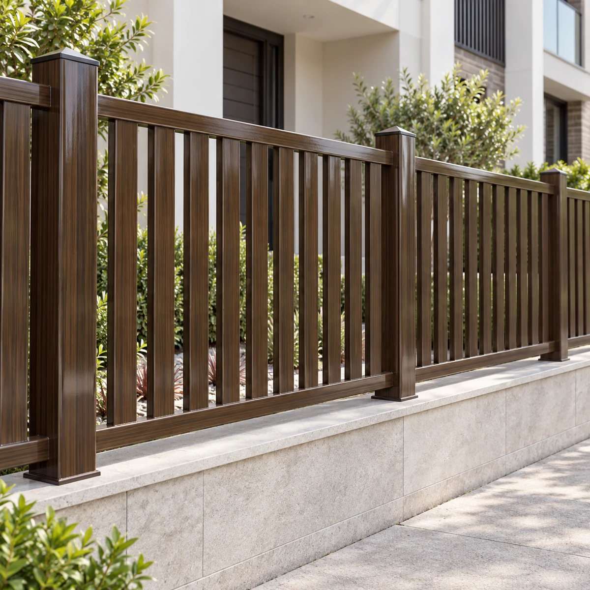 Minh họa hàng rào sắt thanh đứng sơn vân gỗ óc chó tại nhà phố