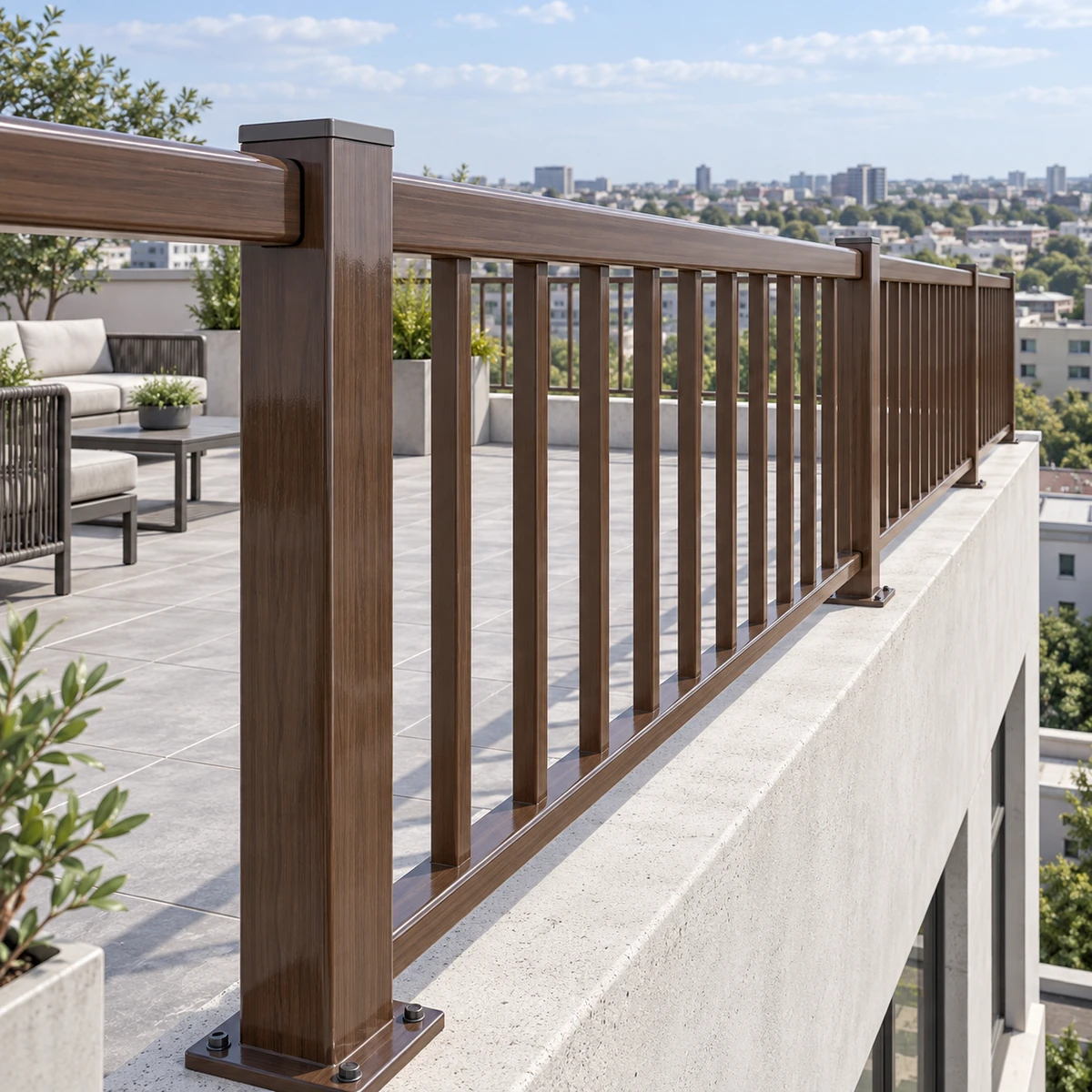 Hình minh họa lan can sắt bao sân thượng với màu vân gỗ óc chó.