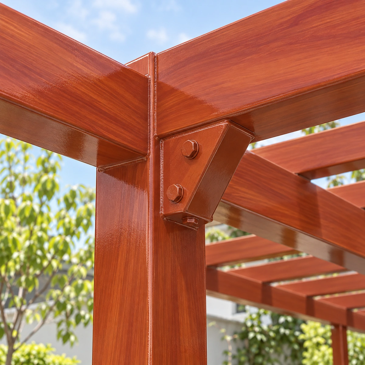 Minh họa chi tiết nút dầm cột thép pergola với lớp sơn cánh gián kéo vân mảnh