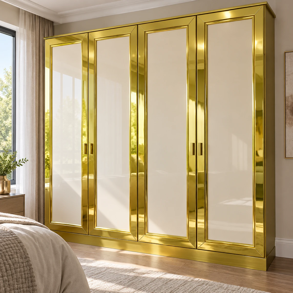 Hình thiết kế minh họa viền cánh tủ MDF phủ giả vàng ánh gương.