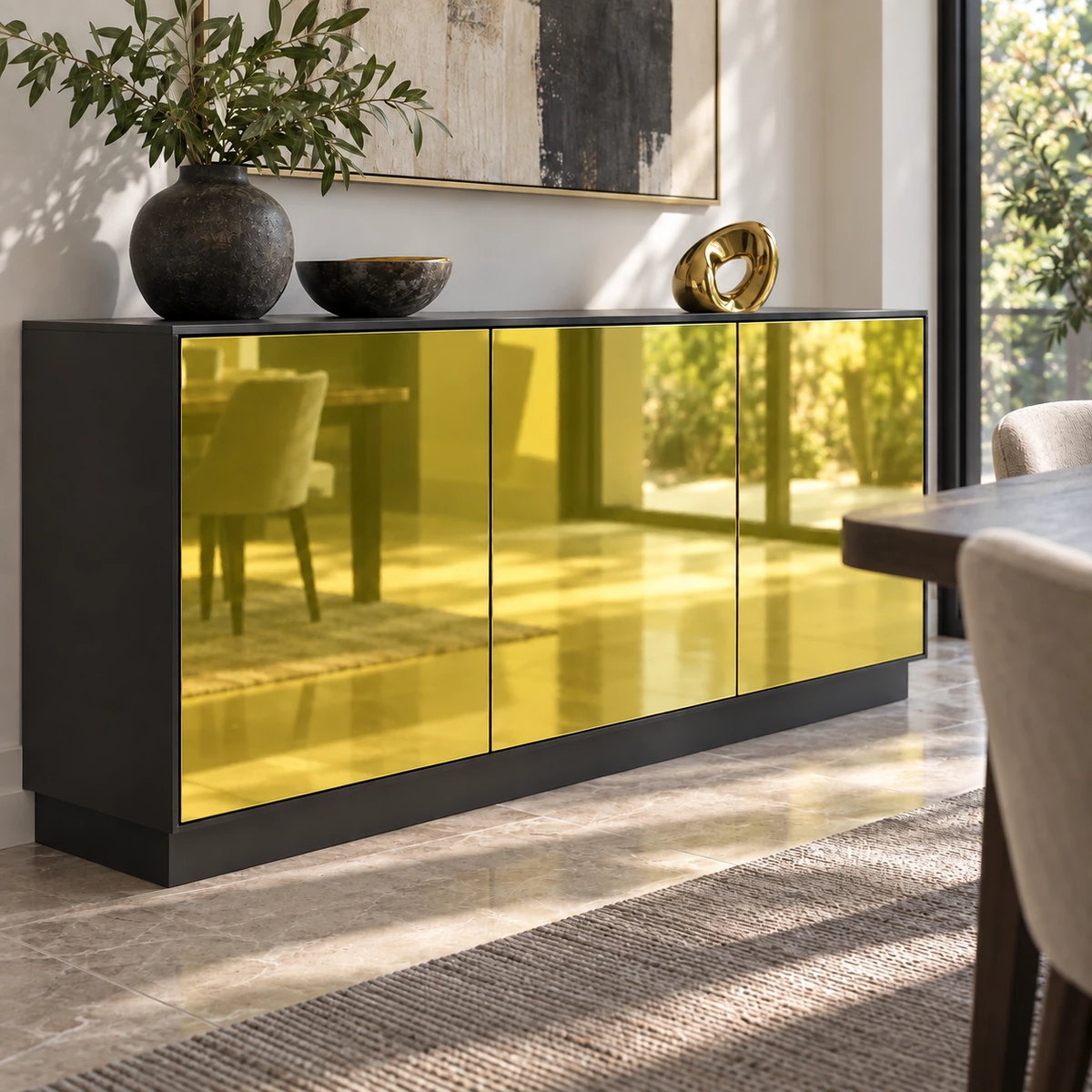 Hình thiết kế minh họa mặt cánh tủ thấp MDF phủ giả vàng ánh gương.