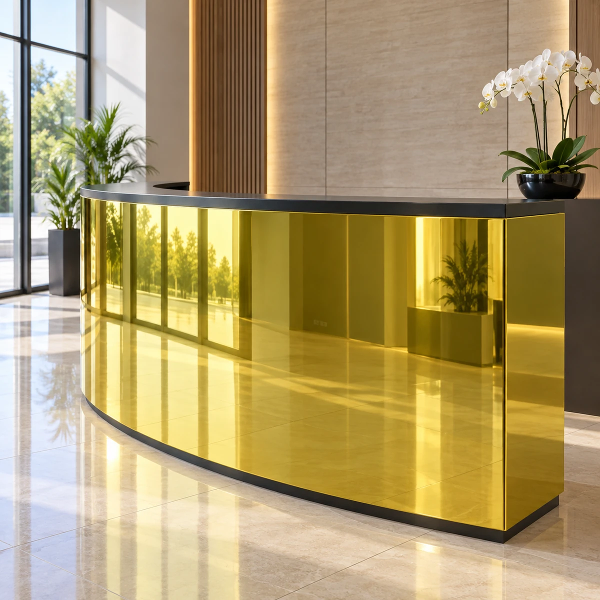 Hình thiết kế minh họa mặt quầy MDF phủ giả vàng ánh gương.