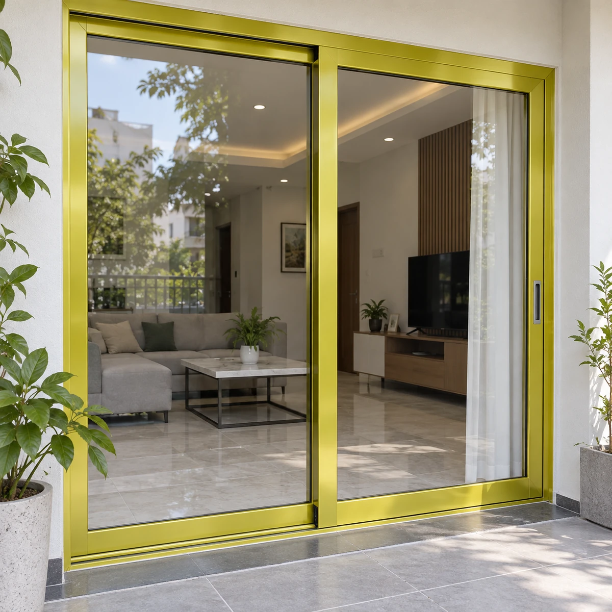 Hình thiết kế minh họa: cửa lùa khung nhôm phủ giả vàng.