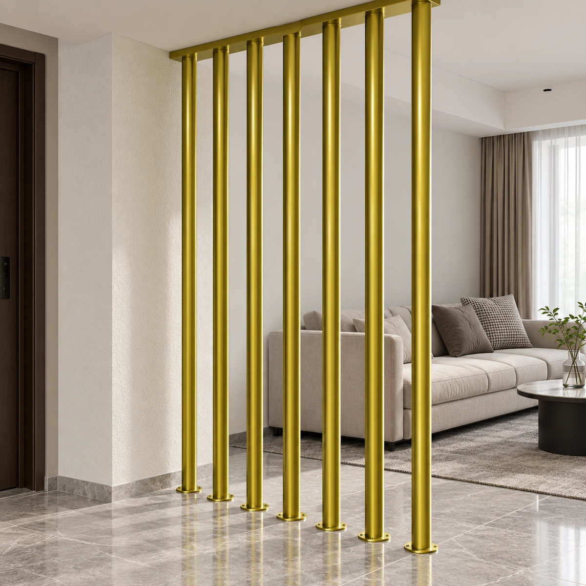 Vách ngăn ống thép tròn phủ sắc giả vàng giữa sảnh và không gian ngồi, hình minh họa