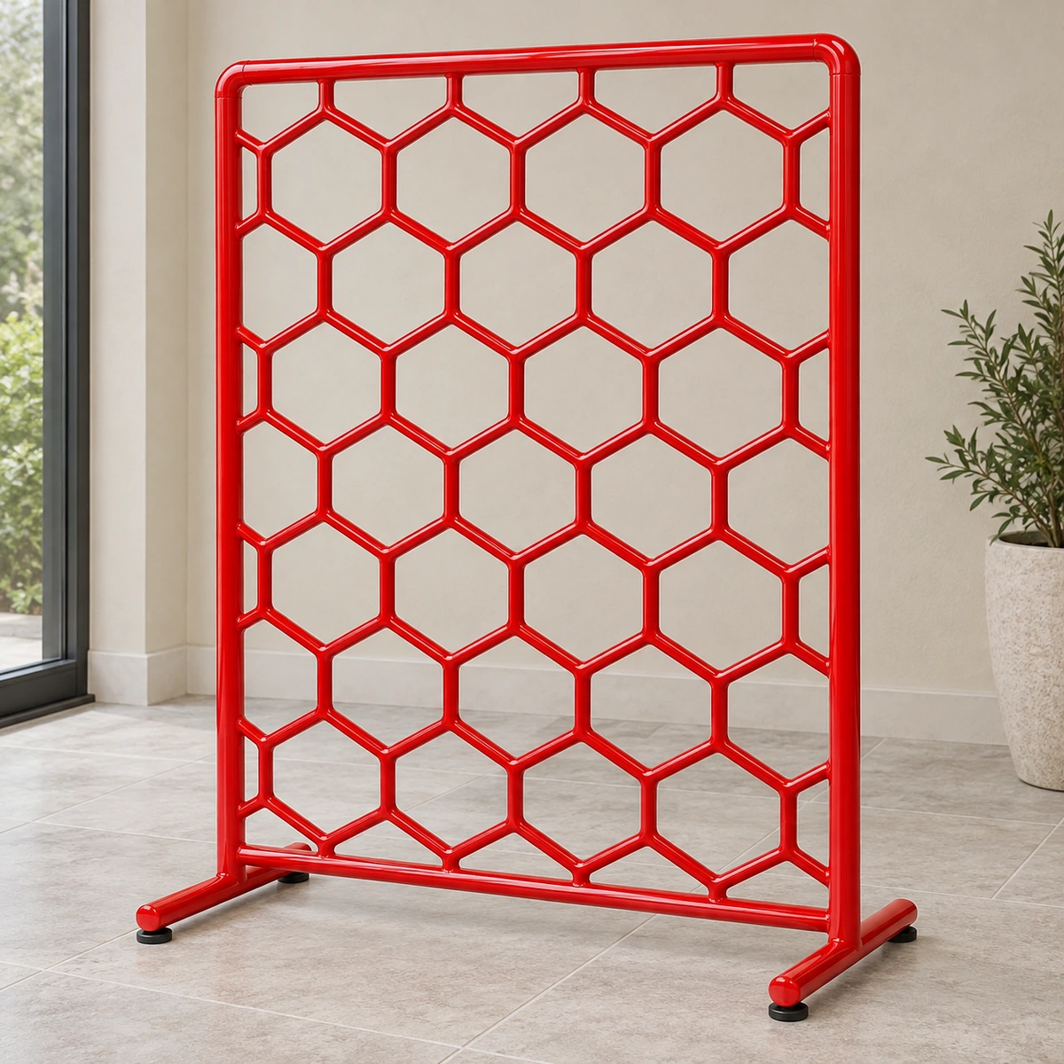 Ảnh thiết kế vách trang trí inox ô lục giác liên kết phủ đỏ tươi bóng
