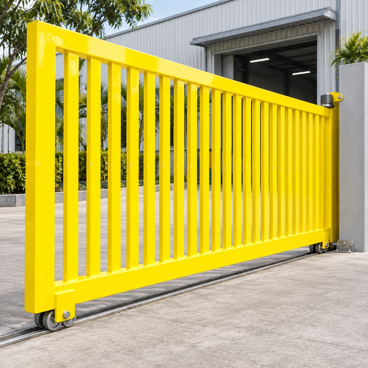 Ảnh thiết kế cổng trượt kim loại phủ màu vàng bóng, có ray và bánh xe tại nhà xưởng