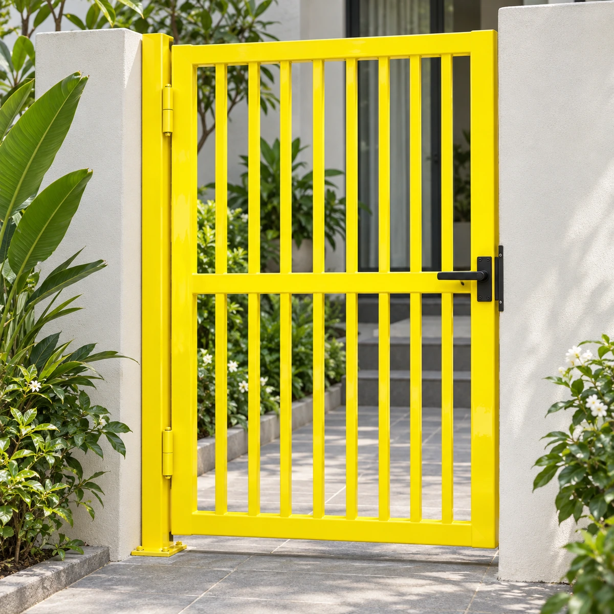 Ảnh thiết kế cửa đi bộ kim loại thanh đứng phủ màu vàng bóng, có bản lề và khóa tại sân nhà