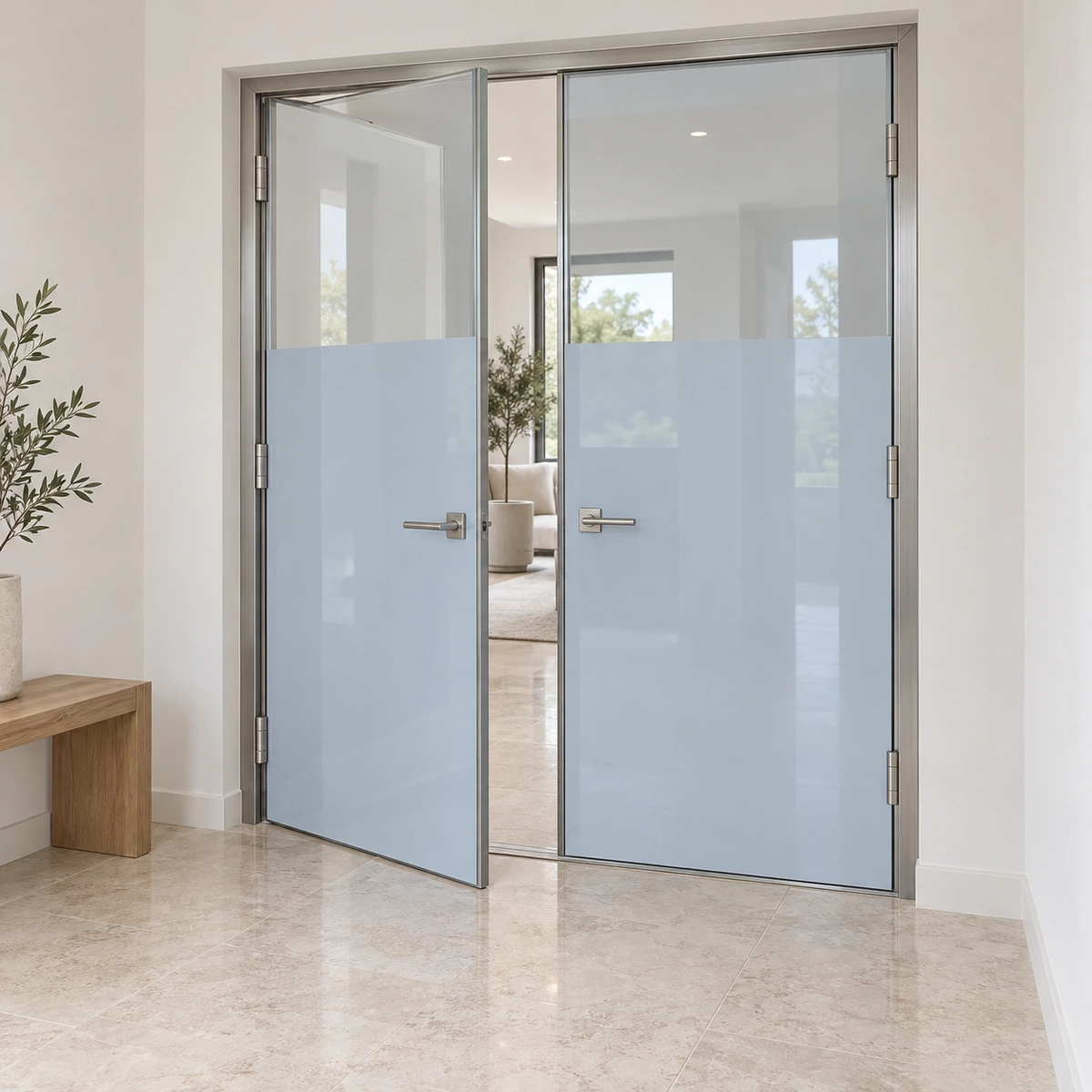 Ảnh thiết kế cửa đôi kính ghi nhạt bóng với khung và bản lề rõ