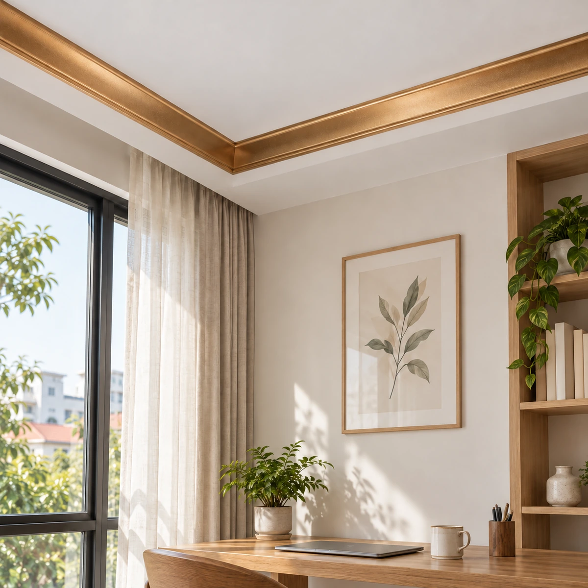 Minh hoạ nẹp PS viền trần giật cấp phủ sơn nhũ đồng đỏ