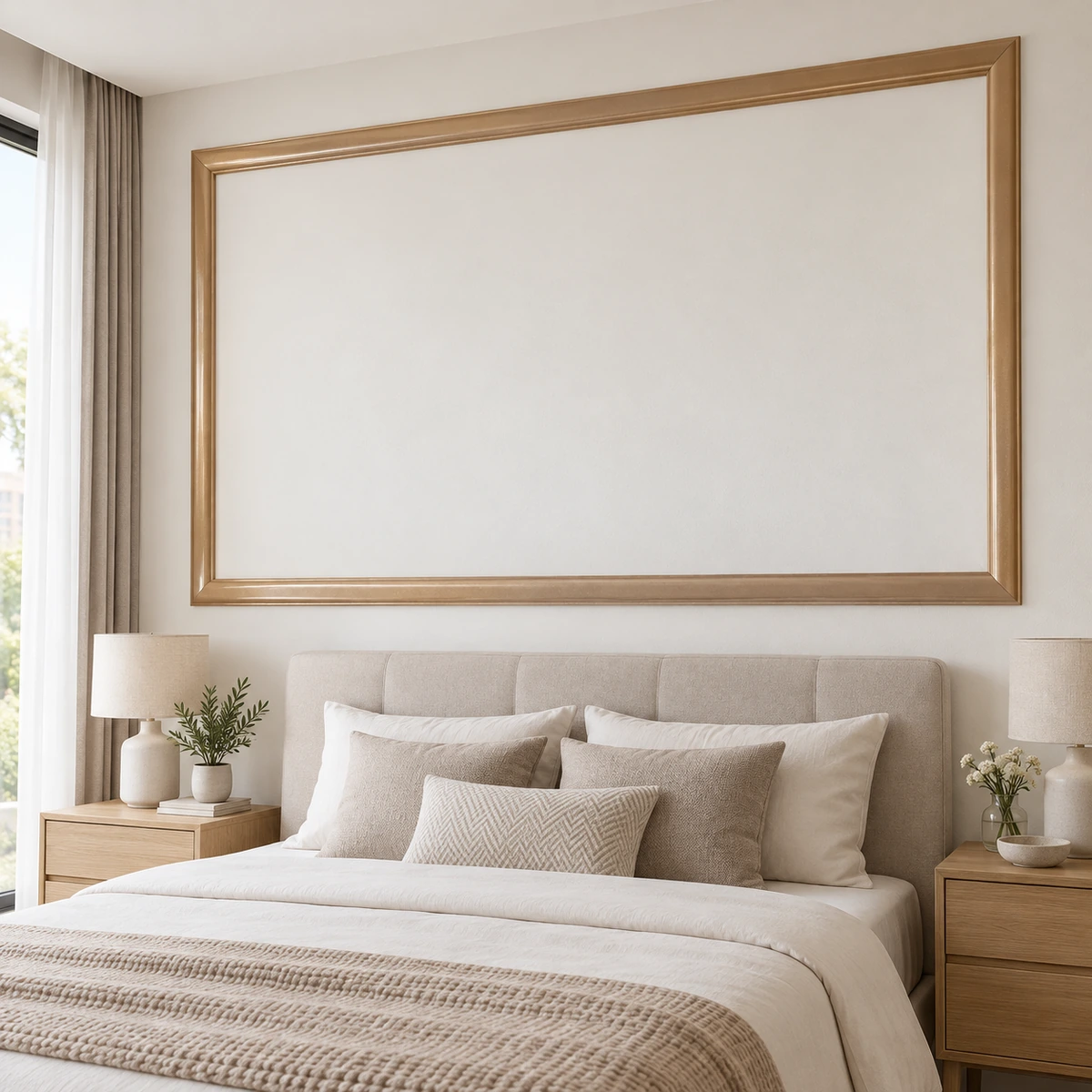 Minh hoạ nẹp PS tạo khung tường đầu giường phủ sơn nhũ đồng đỏ