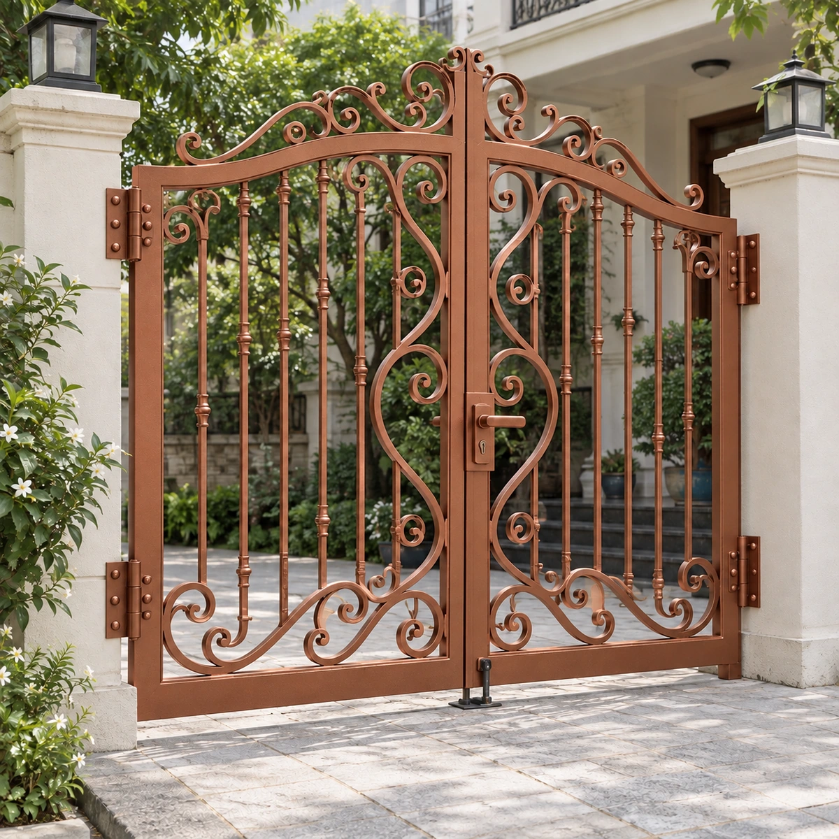 Minh hoạ cổng sắt mỹ thuật hai cánh phủ sơn nhũ đồng đỏ