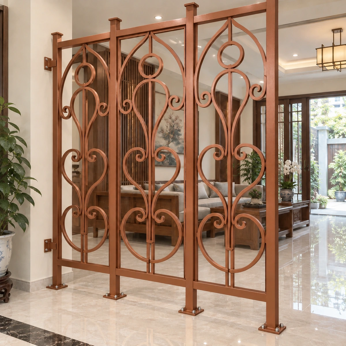 Minh hoạ vách ngăn sắt mỹ thuật trong nhà phủ sơn nhũ đồng đỏ