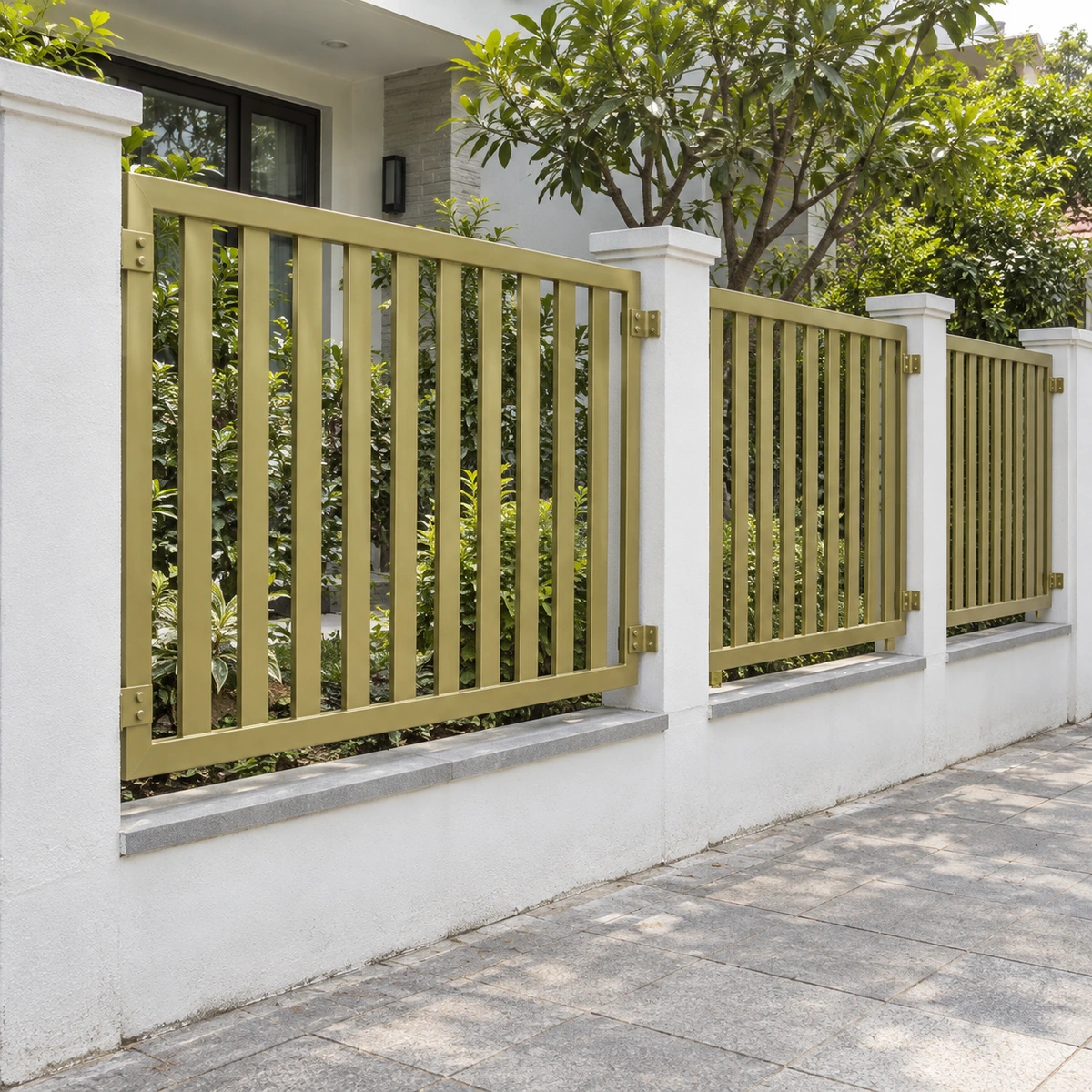 Minh họa hàng rào thanh thẳng phủ nhũ đồng xanh
