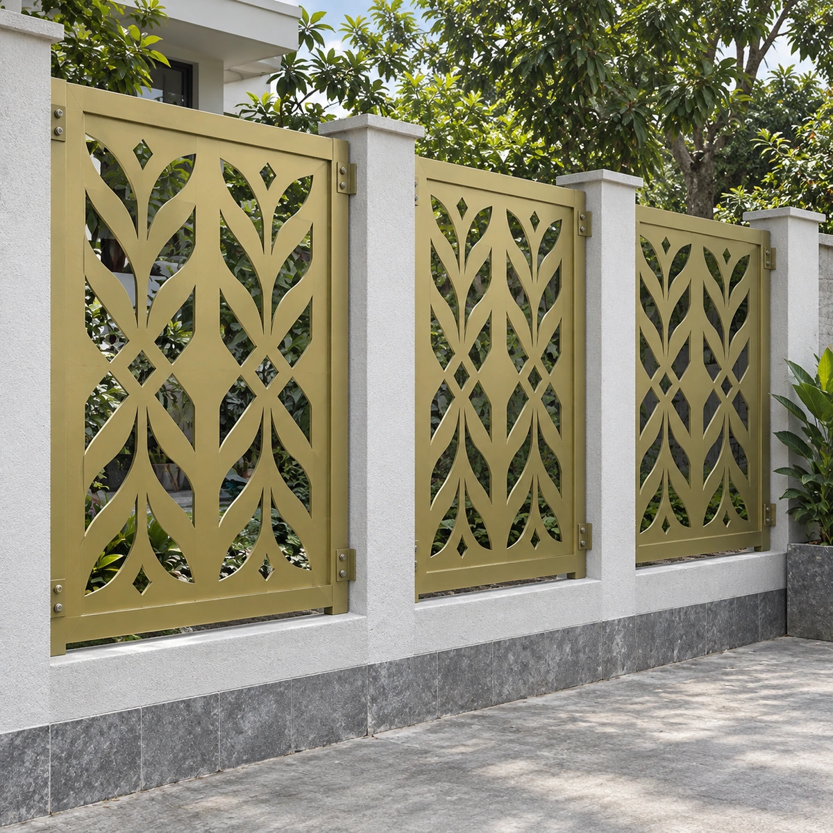 Minh họa hàng rào tấm sắt hoa văn phủ nhũ đồng xanh
