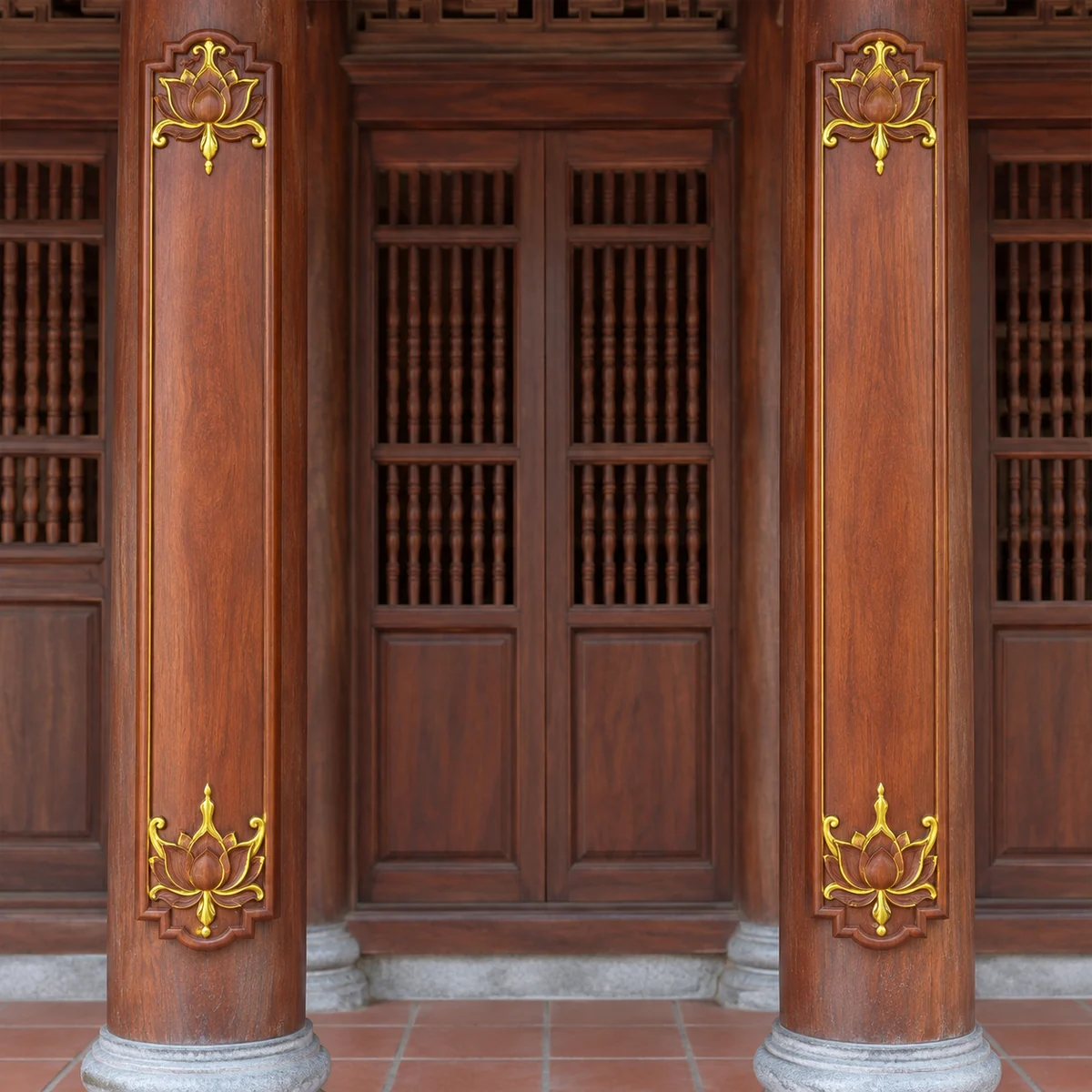 Minh họa đôi câu đối gỗ nâu trên cột nhà thờ họ nhấn sơn nhũ vàng NV-A12