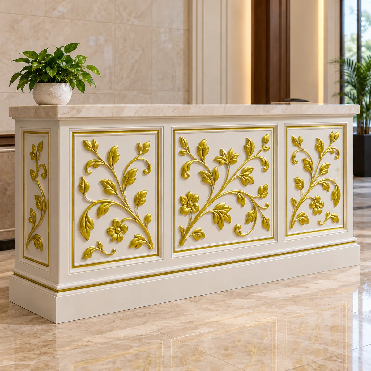 Minh họa quầy tiếp tân MDF màu kem với hoa lá phay nông nhấn sơn nhũ vàng NV-A12