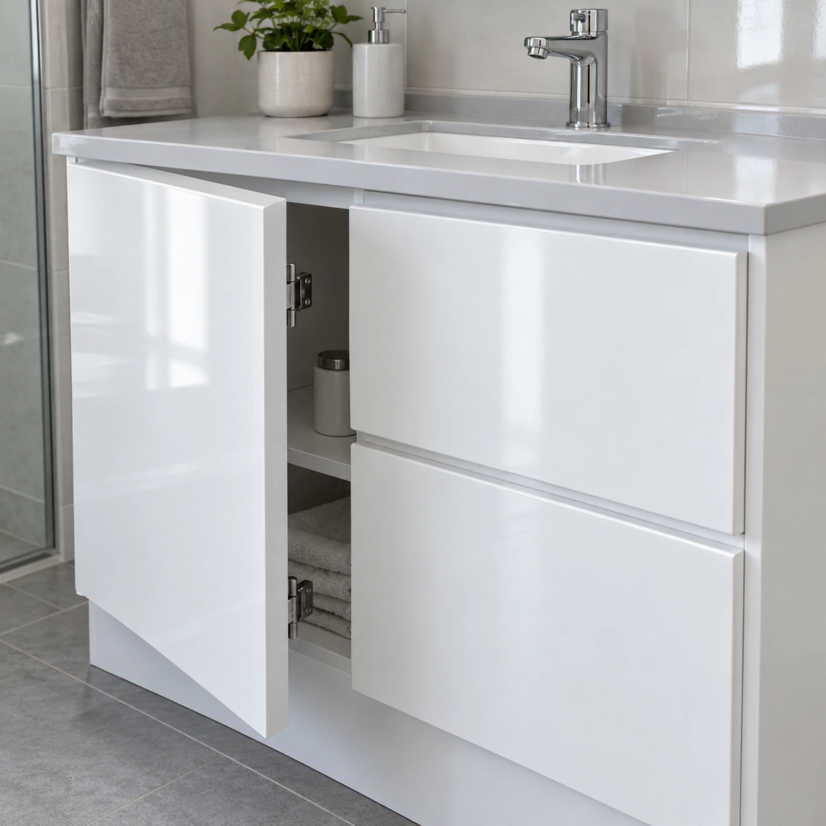Ảnh thiết kế cánh tủ PVC giữ màu trắng bên dưới lớp phủ không màu