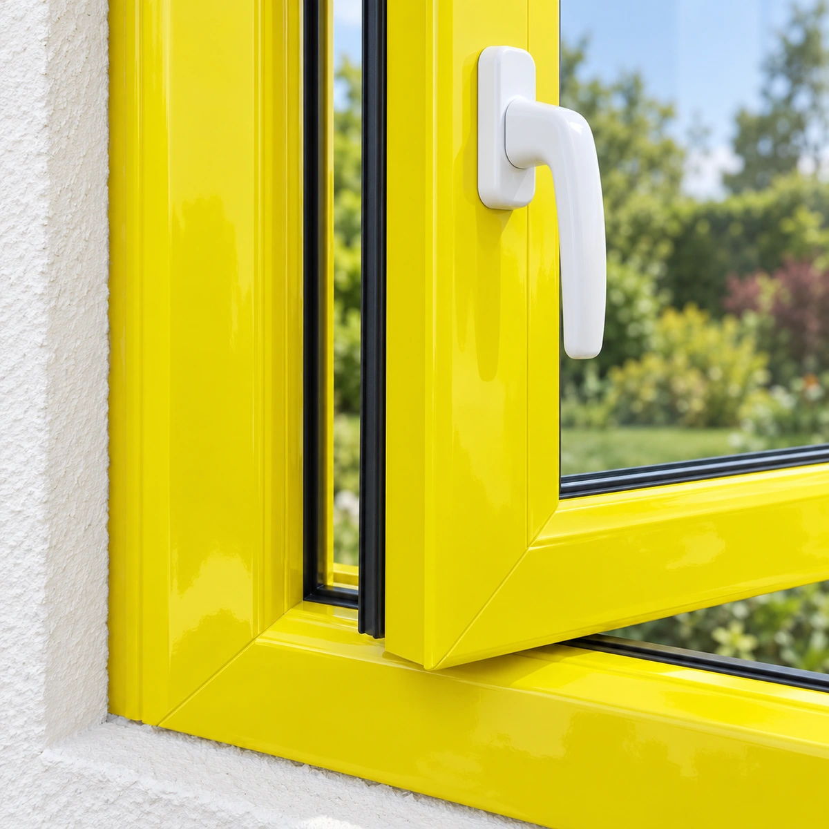 Ảnh thiết kế góc khung cửa sổ uPVC vàng chanh016 bóng với gioăng và tay nắm trơn