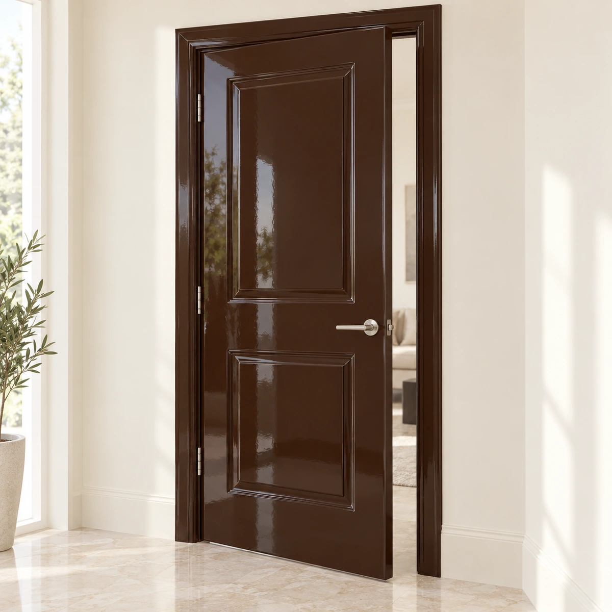 Ảnh thiết kế cửa composite phủ màu nâu bóng trong nội thất sáng