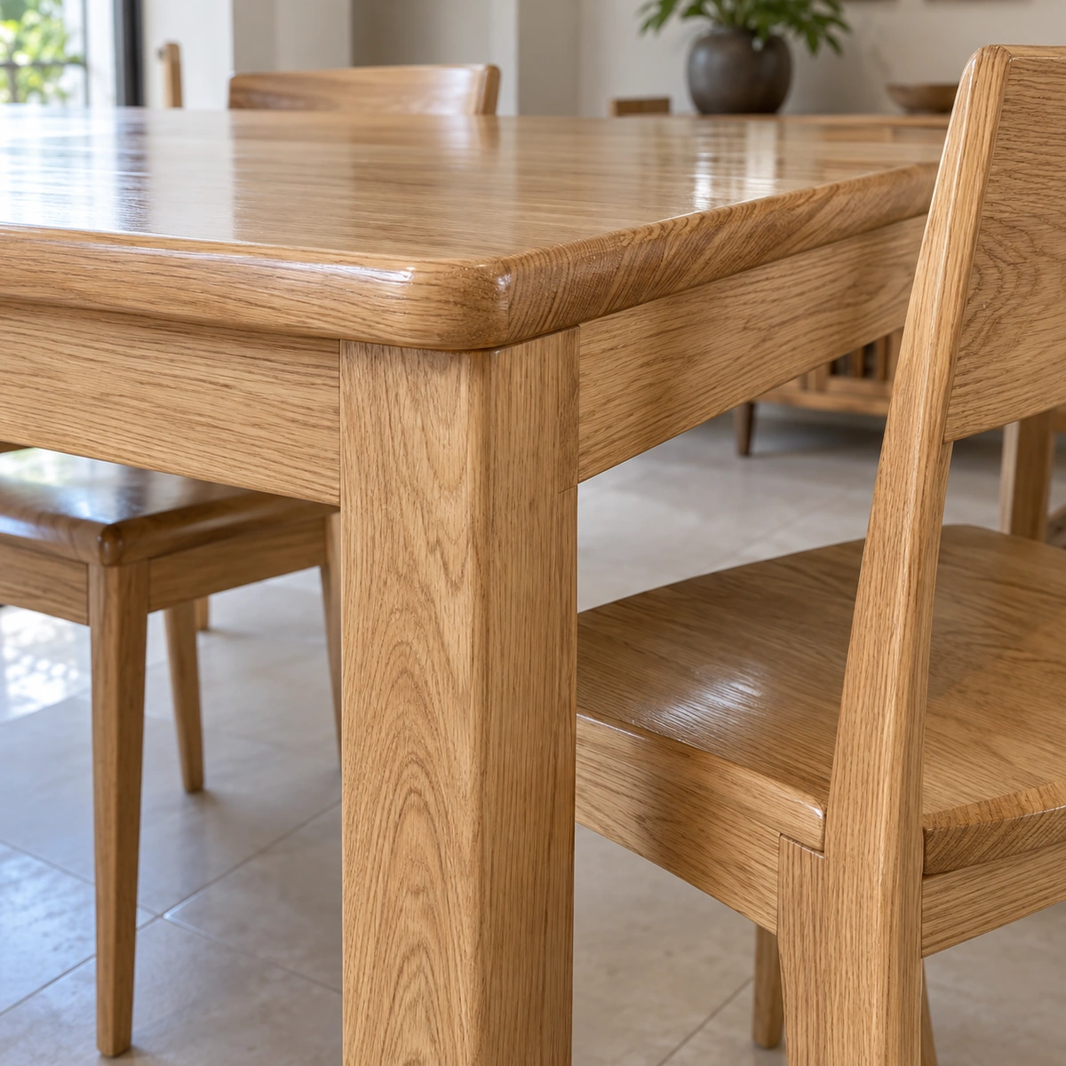Ảnh thiết kế minh họa chi tiết bàn và ghế gỗ có lớp phủ trong bóng, thấy rõ vân gỗ và mối ghép